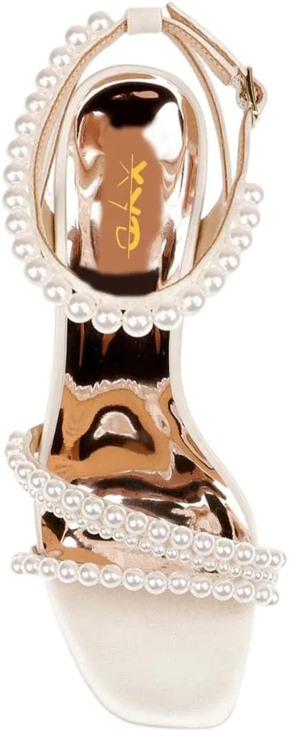XYD Women's Pearl Kitten Heel Open Toe Sandals Silk Satin Rhinestone Dress Prom Wedding Shoes