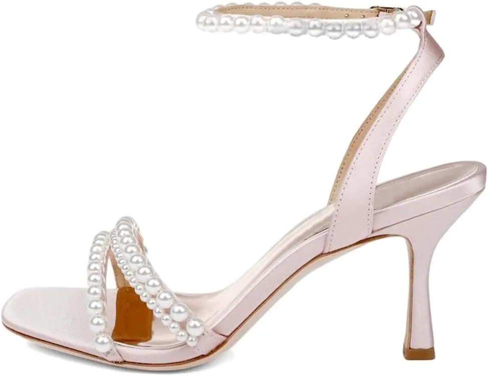 XYD Women's Pearl Kitten Heel Open Toe Sandals Silk Satin Rhinestone Dress Prom Wedding Shoes