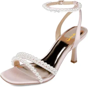 XYD Women's Pearl Kitten Heel Open Toe Sandals Silk Satin Rhinestone Dress Prom Wedding Shoes