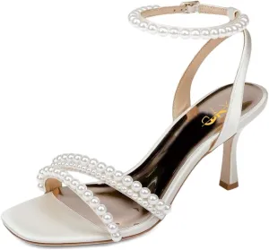 XYD Women's Pearl Kitten Heel Open Toe Sandals Silk Satin Rhinestone Dress Prom Wedding Shoes