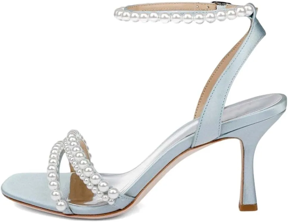 XYD Women's Pearl Kitten Heel Open Toe Sandals Silk Satin Rhinestone Dress Prom Wedding Shoes