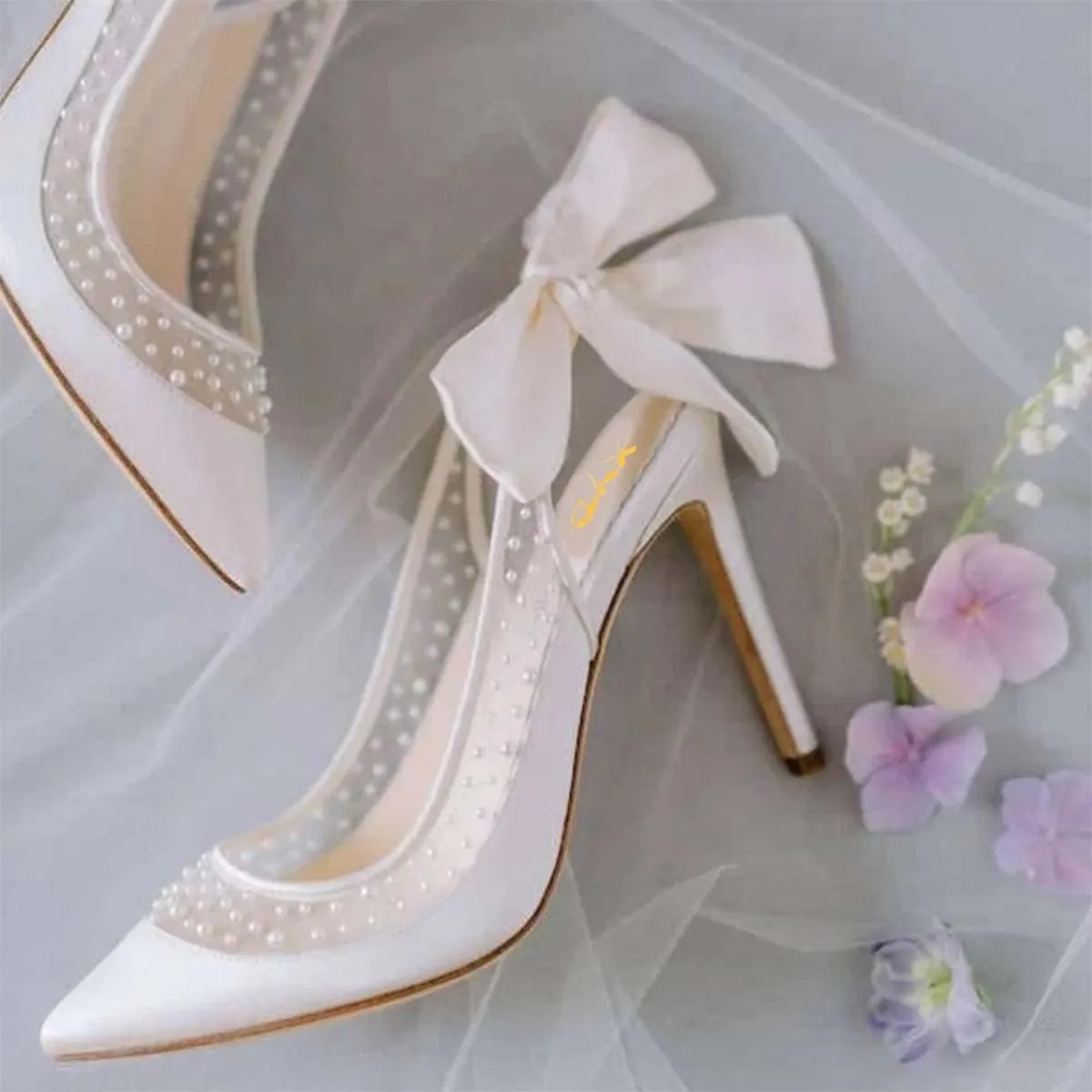 XYD Women's Silk Satin Pointed Toe Pumps Wedding High Heel Pearls Back Bowknot Mesh Brides Evening Shoes