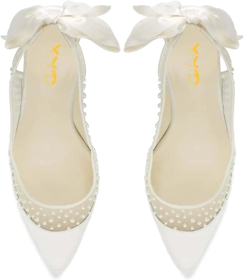 XYD Women's Silk Satin Pointed Toe Pumps Wedding High Heel Pearls Back Bowknot Mesh Brides Evening Shoes