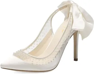 XYD Women's Silk Satin Pointed Toe Pumps Wedding High Heel Pearls Back Bowknot Mesh Brides Evening Shoes