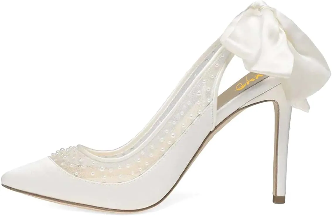 XYD Women's Silk Satin Pointed Toe Pumps Wedding High Heel Pearls Back Bowknot Mesh Brides Evening Shoes