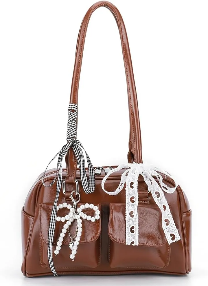 Y2k Purses for Women Cute Bow Shoulder Bag 90s Coquette Handbag Small Faux Leather Underarm Bag with Cute Bow Ribbon