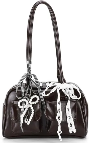Y2k Purses for Women Cute Bow Shoulder Bag 90s Coquette Handbag Small Faux Leather Underarm Bag with Cute Bow Ribbon