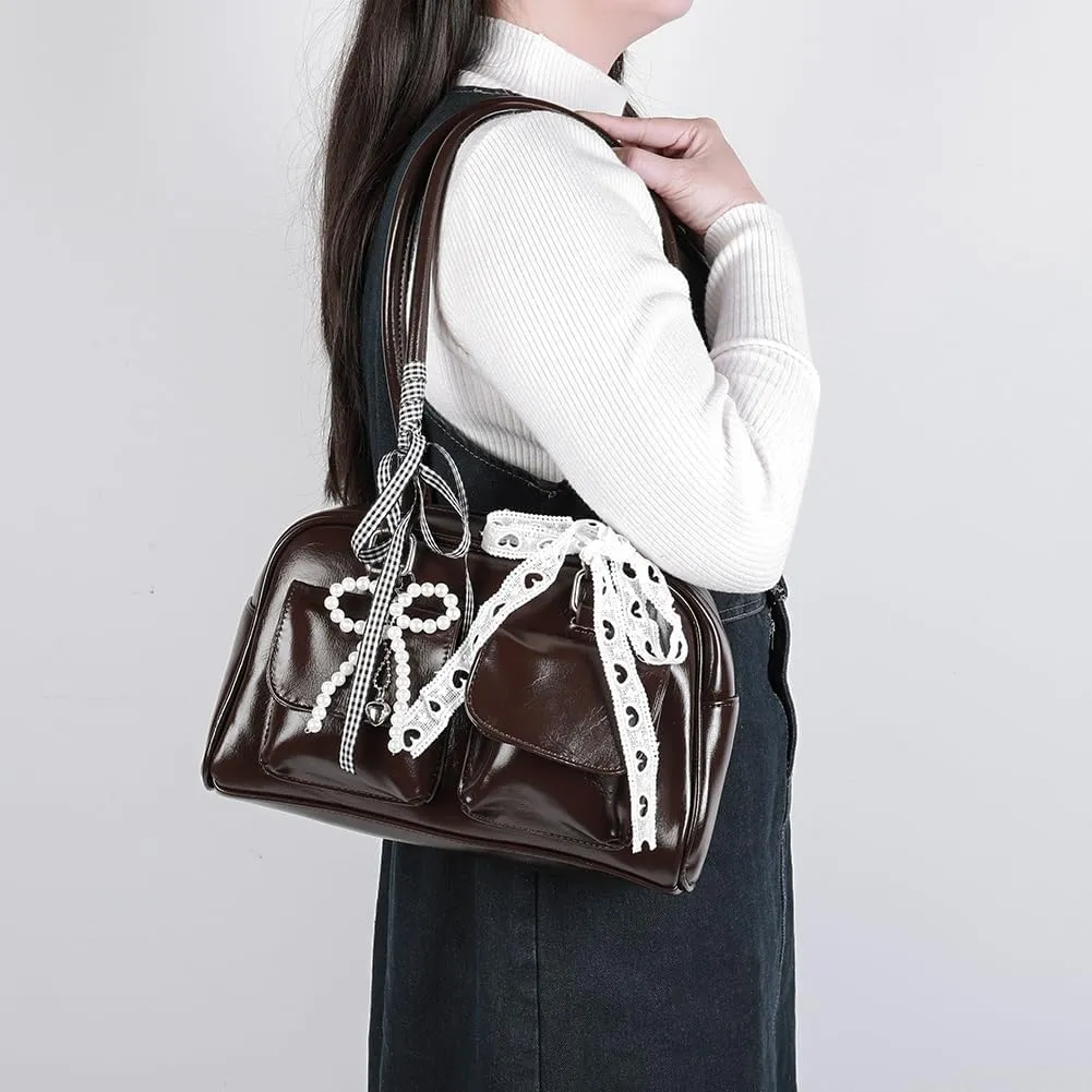 Y2k Purses for Women Cute Bow Shoulder Bag 90s Coquette Handbag Small Faux Leather Underarm Bag with Cute Bow Ribbon