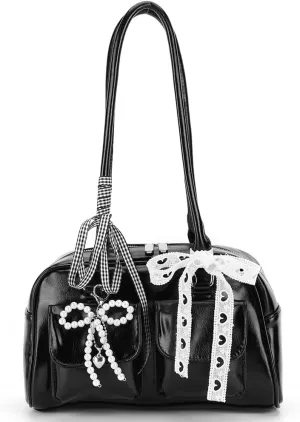Y2k Purses for Women Cute Bow Shoulder Bag 90s Coquette Handbag Small Faux Leather Underarm Bag with Cute Bow Ribbon