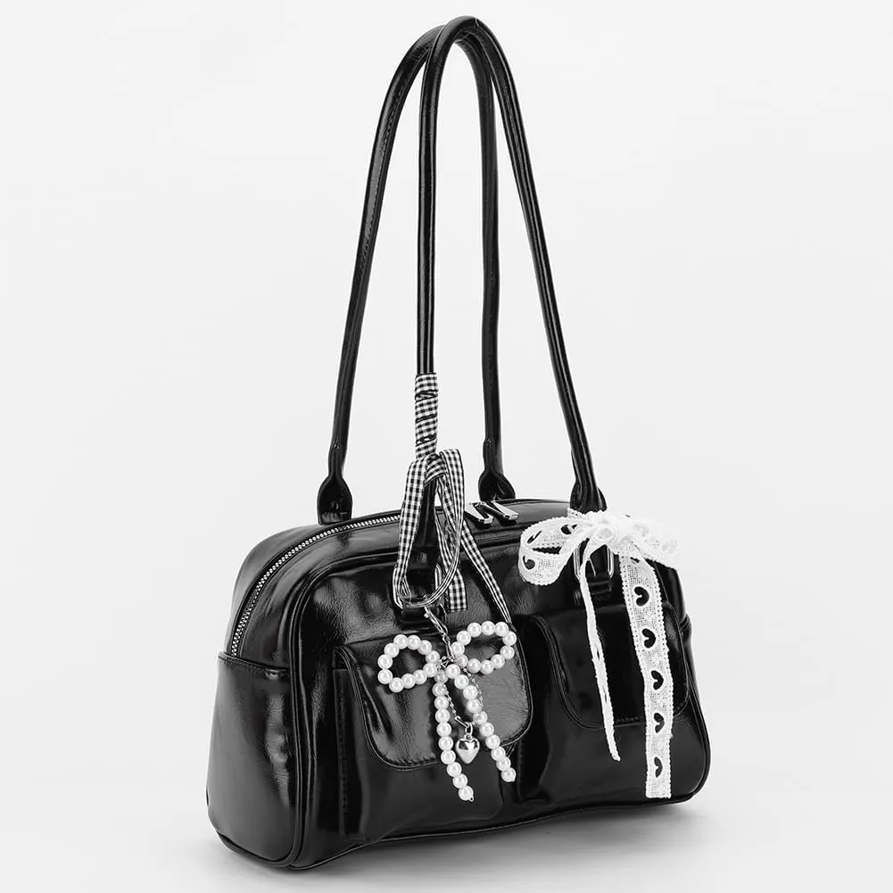 Y2k Purses for Women Cute Bow Shoulder Bag 90s Coquette Handbag Small Faux Leather Underarm Bag with Cute Bow Ribbon