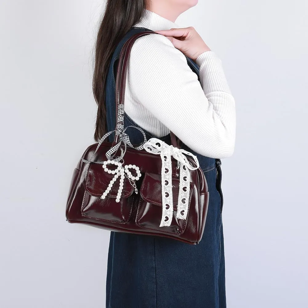 Y2k Purses for Women Cute Bow Shoulder Bag 90s Coquette Handbag Small Faux Leather Underarm Bag with Cute Bow Ribbon
