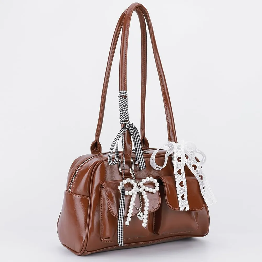 Y2k Purses for Women Cute Bow Shoulder Bag 90s Coquette Handbag Small Faux Leather Underarm Bag with Cute Bow Ribbon