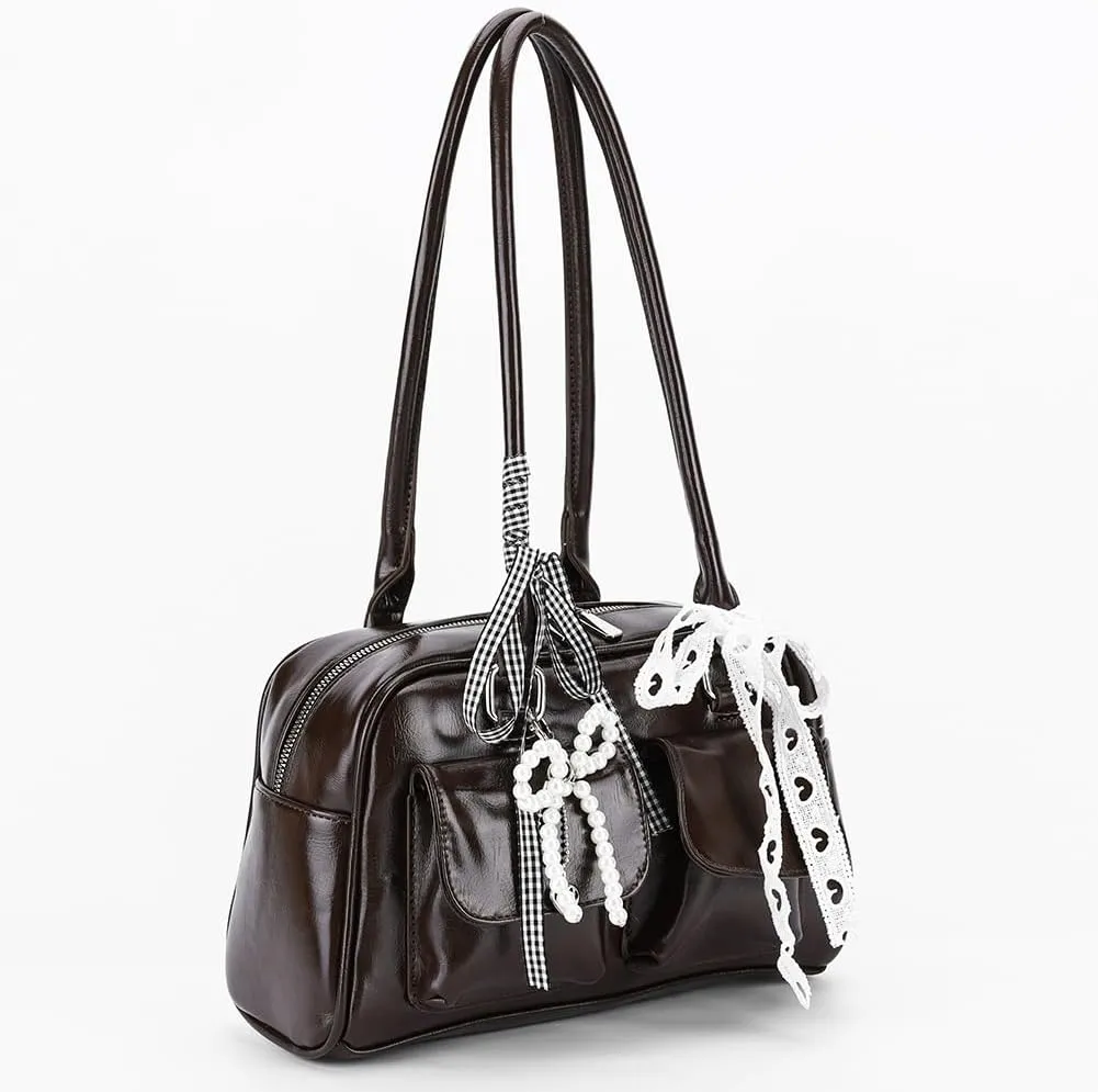 Y2k Purses for Women Cute Bow Shoulder Bag 90s Coquette Handbag Small Faux Leather Underarm Bag with Cute Bow Ribbon