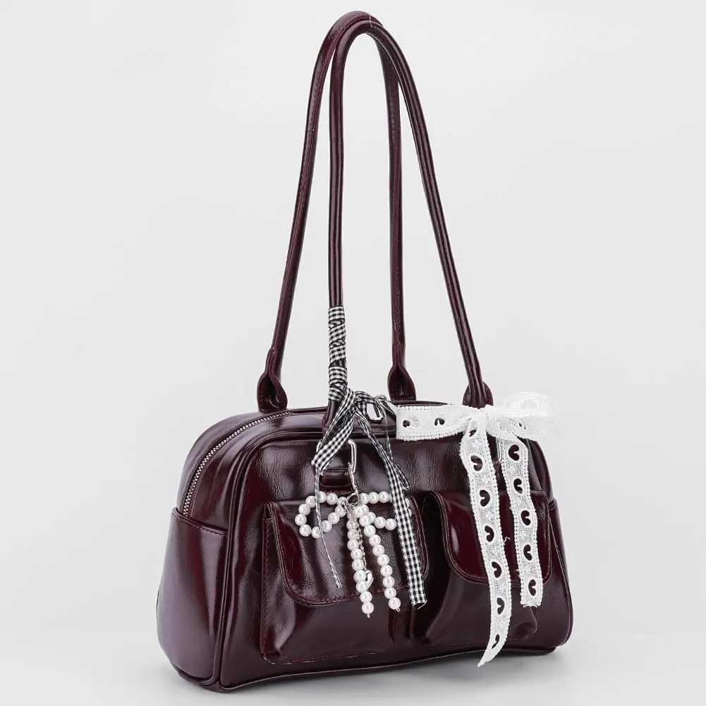Y2k Purses for Women Cute Bow Shoulder Bag 90s Coquette Handbag Small Faux Leather Underarm Bag with Cute Bow Ribbon