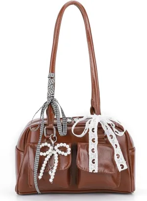 Y2k Purses for Women Cute Bow Shoulder Bag 90s Coquette Handbag Small Faux Leather Underarm Bag with Cute Bow Ribbon