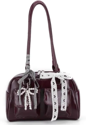 Y2k Purses for Women Cute Bow Shoulder Bag 90s Coquette Handbag Small Faux Leather Underarm Bag with Cute Bow Ribbon