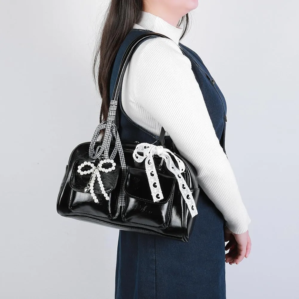 Y2k Purses for Women Cute Bow Shoulder Bag 90s Coquette Handbag Small Faux Leather Underarm Bag with Cute Bow Ribbon