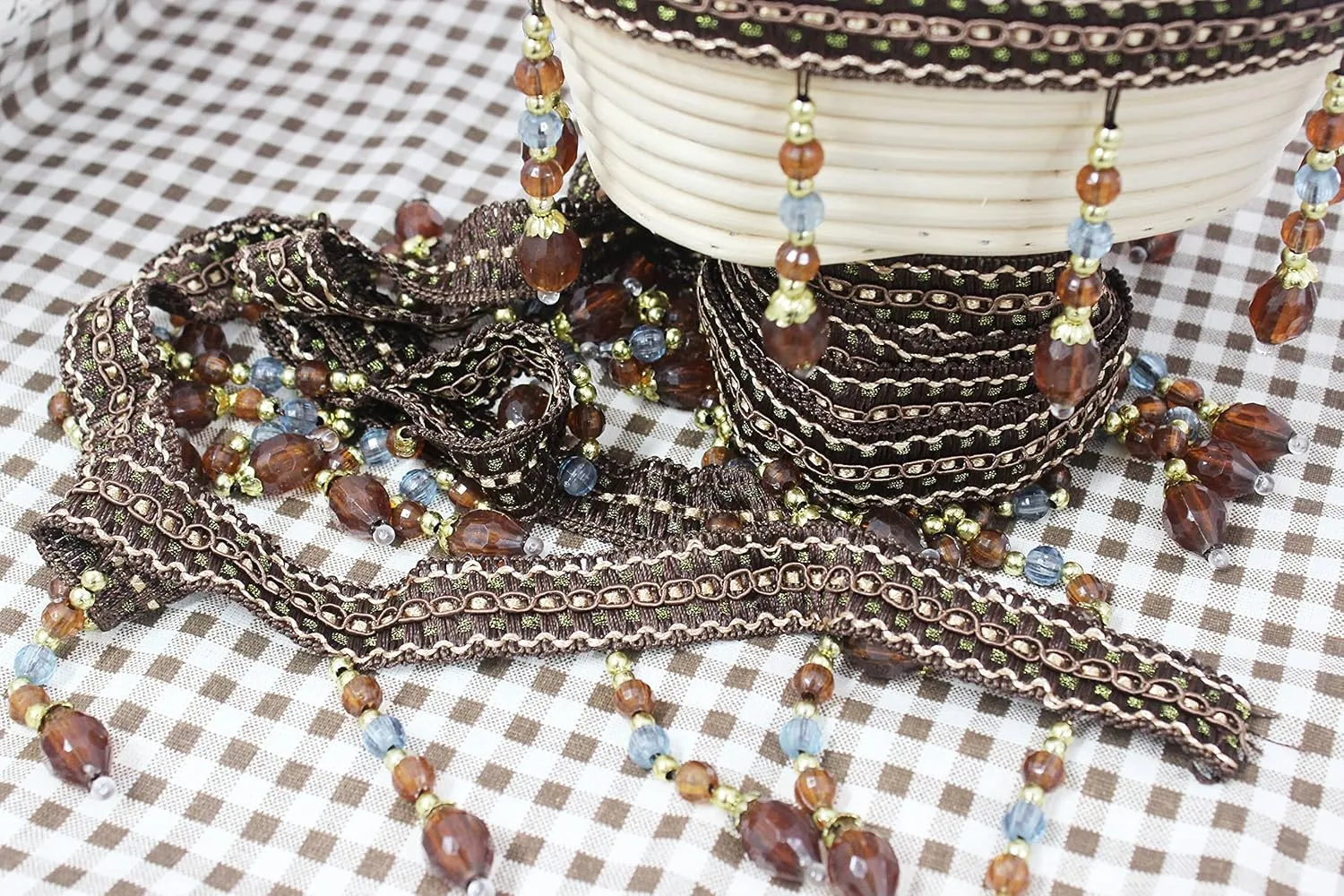 Yalulu 4 Yards Braided Hanging Beads Tassel Trim Fringe Fabric Ribbon Trimming Handwork DIY Craft Sewing Accessory Lace for Home Curtain Table Decoration (Deep Coffee)