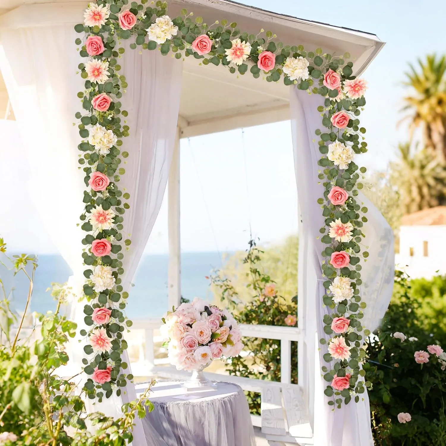 Yastouay 2 Pcs Flower Garland with Lights, 12 Ft Pink Rose Floral Garland Fake Flowers for Wedding Arch Party Tables Backdrop Decor