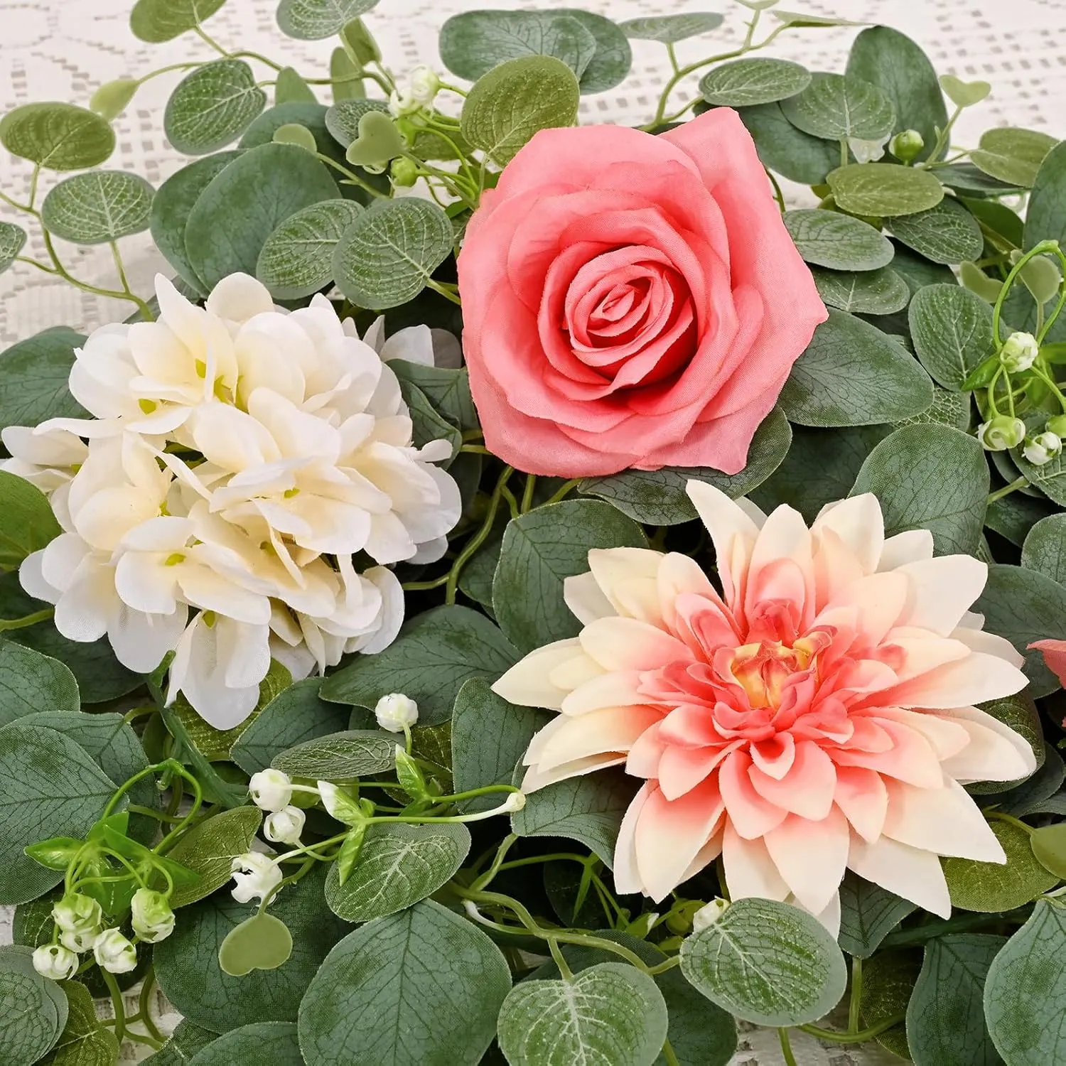 Yastouay 2 Pcs Flower Garland with Lights, 12 Ft Pink Rose Floral Garland Fake Flowers for Wedding Arch Party Tables Backdrop Decor