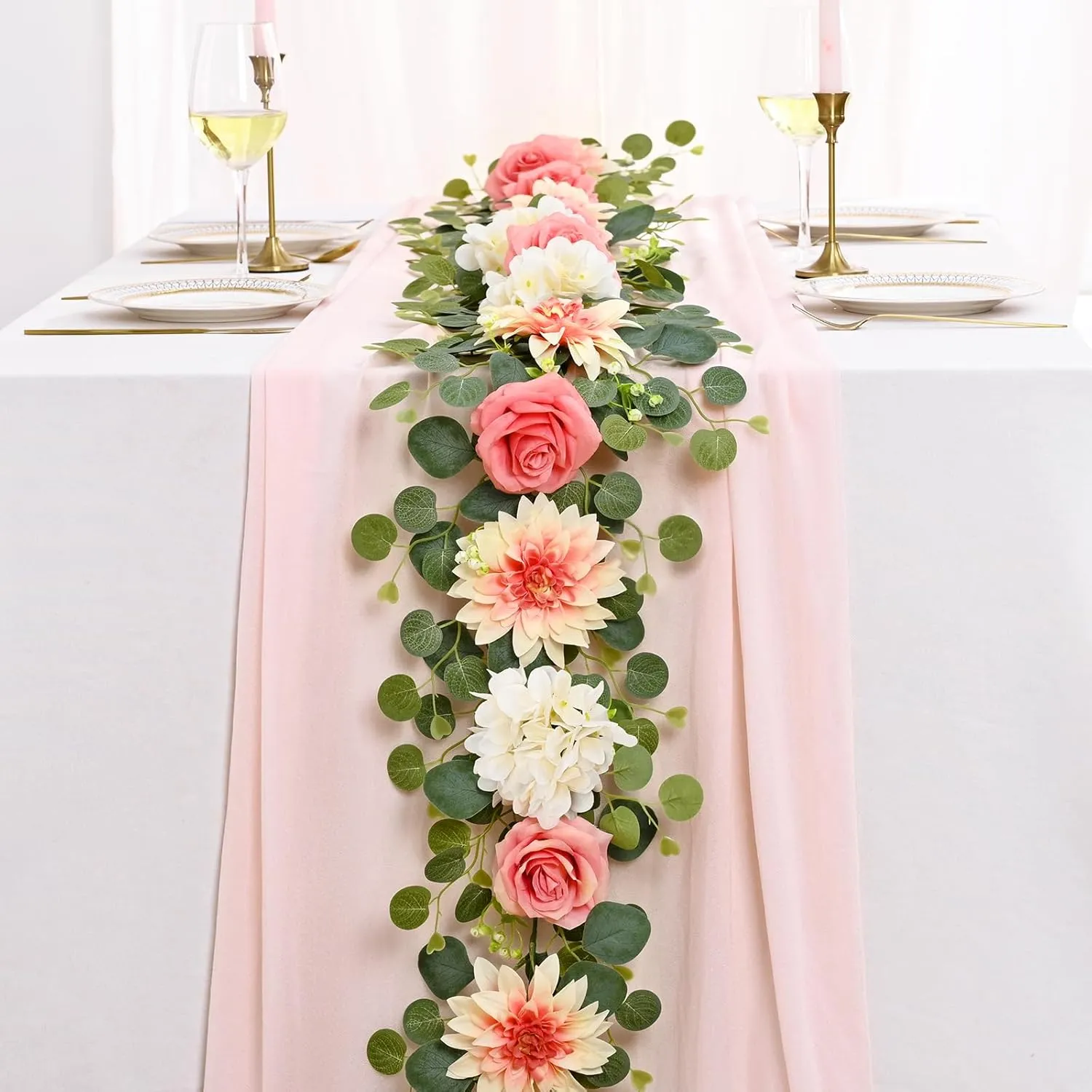 Yastouay 2 Pcs Flower Garland with Lights, 12 Ft Pink Rose Floral Garland Fake Flowers for Wedding Arch Party Tables Backdrop Decor