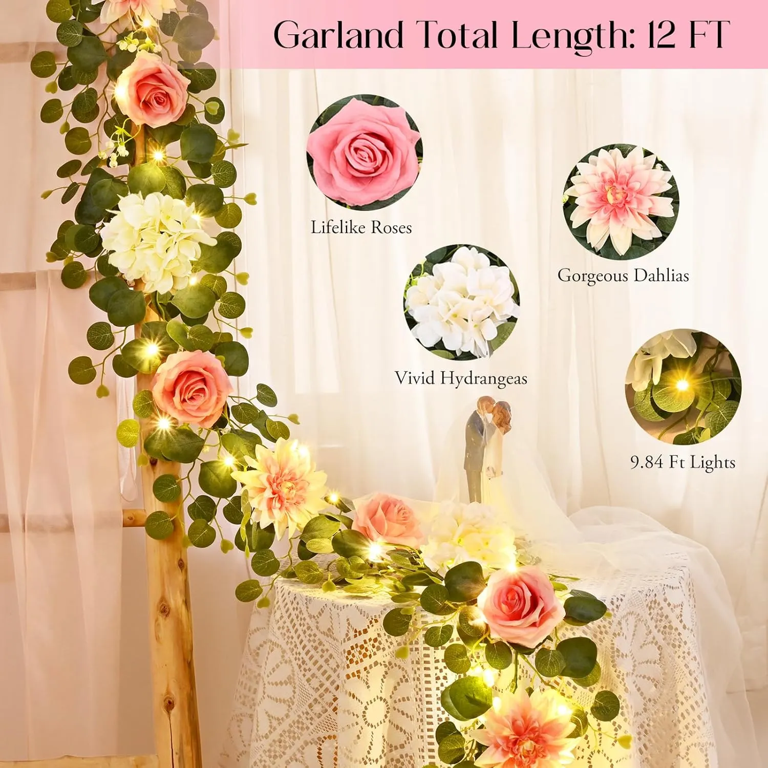 Yastouay 2 Pcs Flower Garland with Lights, 12 Ft Pink Rose Floral Garland Fake Flowers for Wedding Arch Party Tables Backdrop Decor