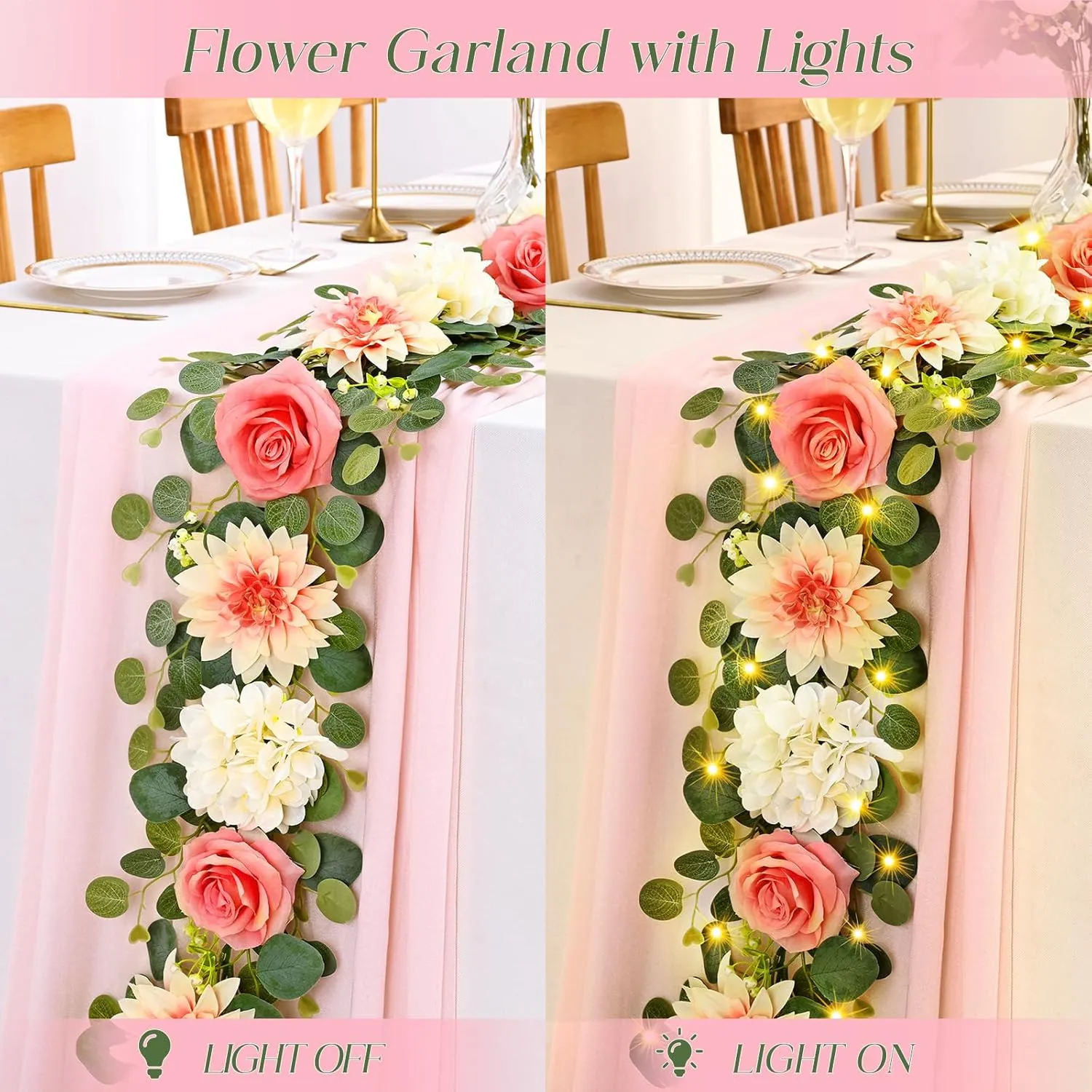 Yastouay 2 Pcs Flower Garland with Lights, 12 Ft Pink Rose Floral Garland Fake Flowers for Wedding Arch Party Tables Backdrop Decor