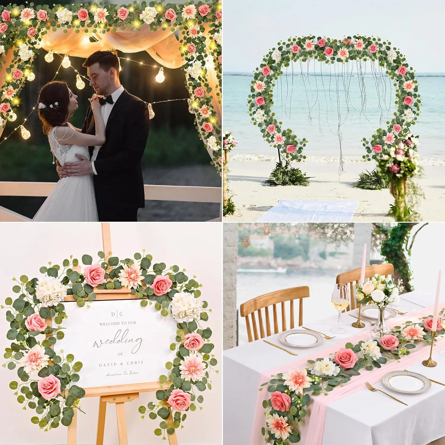 Yastouay 2 Pcs Flower Garland with Lights, 12 Ft Pink Rose Floral Garland Fake Flowers for Wedding Arch Party Tables Backdrop Decor