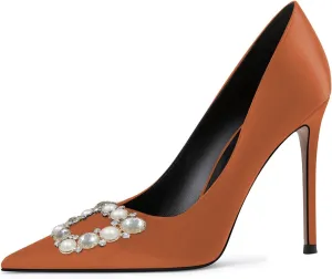 YDN Women Elegant Silk Pointed Toe Pumps Rhinestone Stain Stiletto High Heels Dance Prom Party Shoes Size 4-15 US