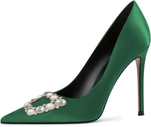 YDN Women Elegant Silk Pointed Toe Pumps Rhinestone Stain Stiletto High Heels Dance Prom Party Shoes Size 4-15 US
