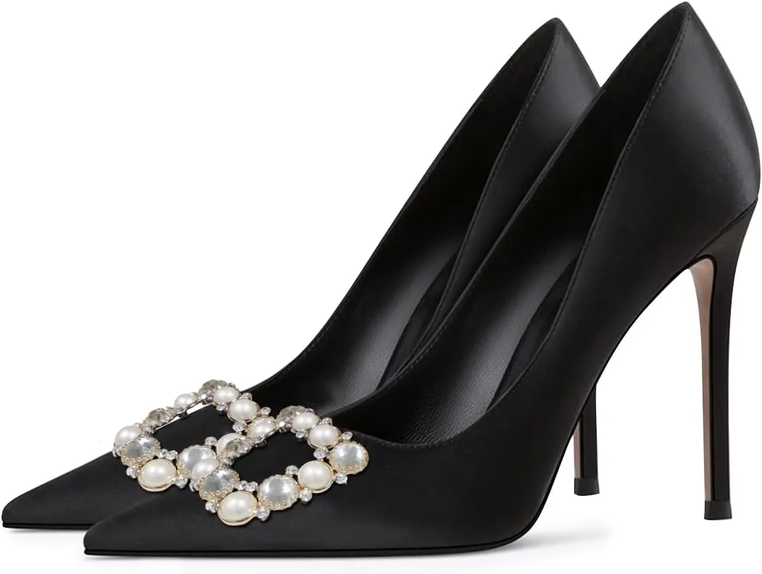 YDN Women Elegant Silk Pointed Toe Pumps Rhinestone Stain Stiletto High Heels Dance Prom Party Shoes Size 4-15 US