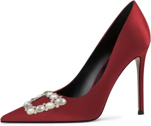 YDN Women Elegant Silk Pointed Toe Pumps Rhinestone Stain Stiletto High Heels Dance Prom Party Shoes Size 4-15 US