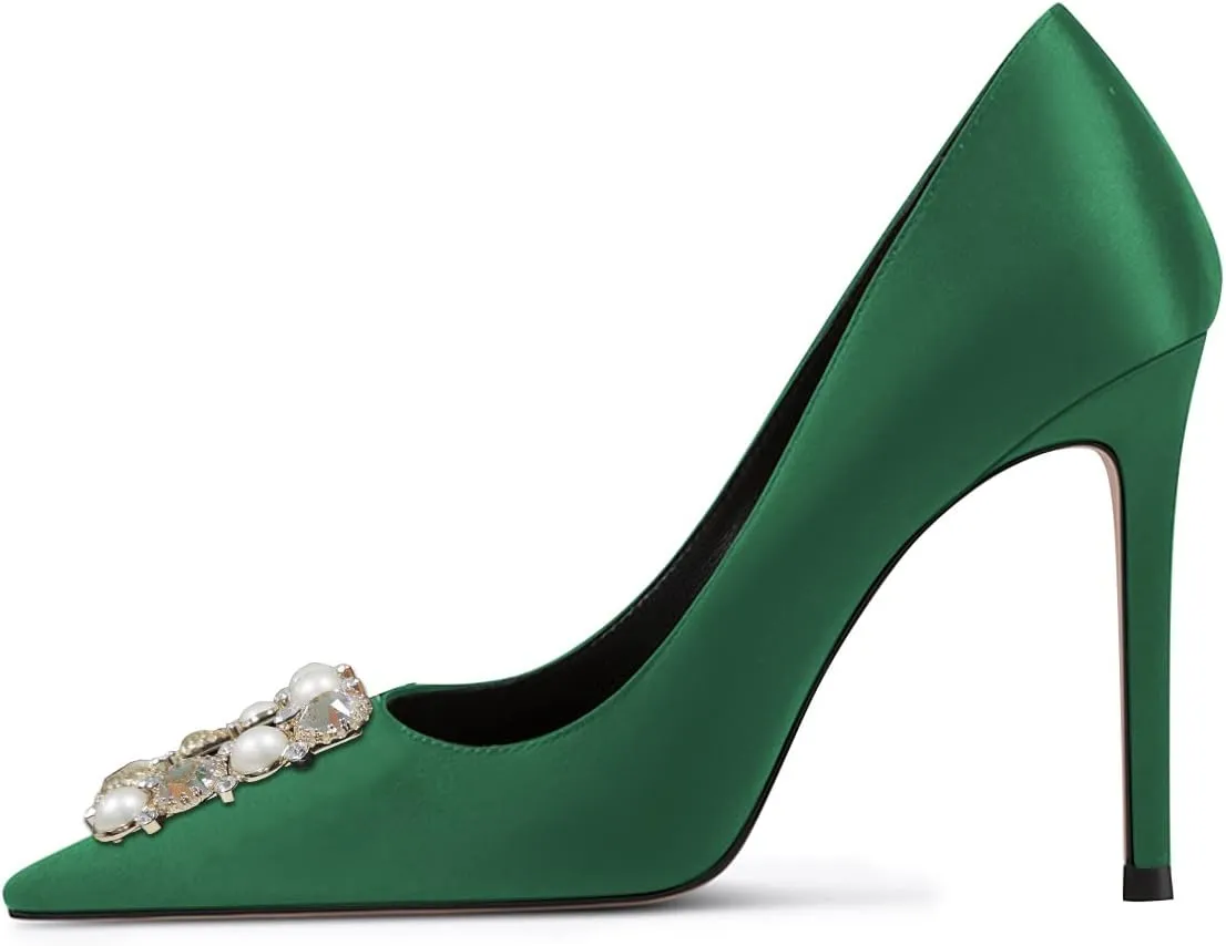 YDN Women Elegant Silk Pointed Toe Pumps Rhinestone Stain Stiletto High Heels Dance Prom Party Shoes Size 4-15 US