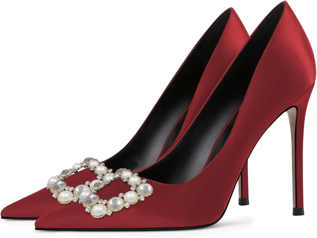 YDN Women Elegant Silk Pointed Toe Pumps Rhinestone Stain Stiletto High Heels Dance Prom Party Shoes Size 4-15 US