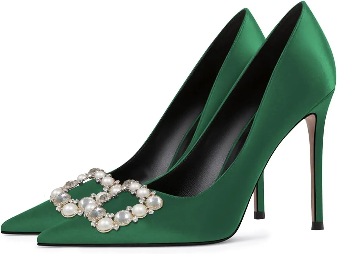 YDN Women Elegant Silk Pointed Toe Pumps Rhinestone Stain Stiletto High Heels Dance Prom Party Shoes Size 4-15 US