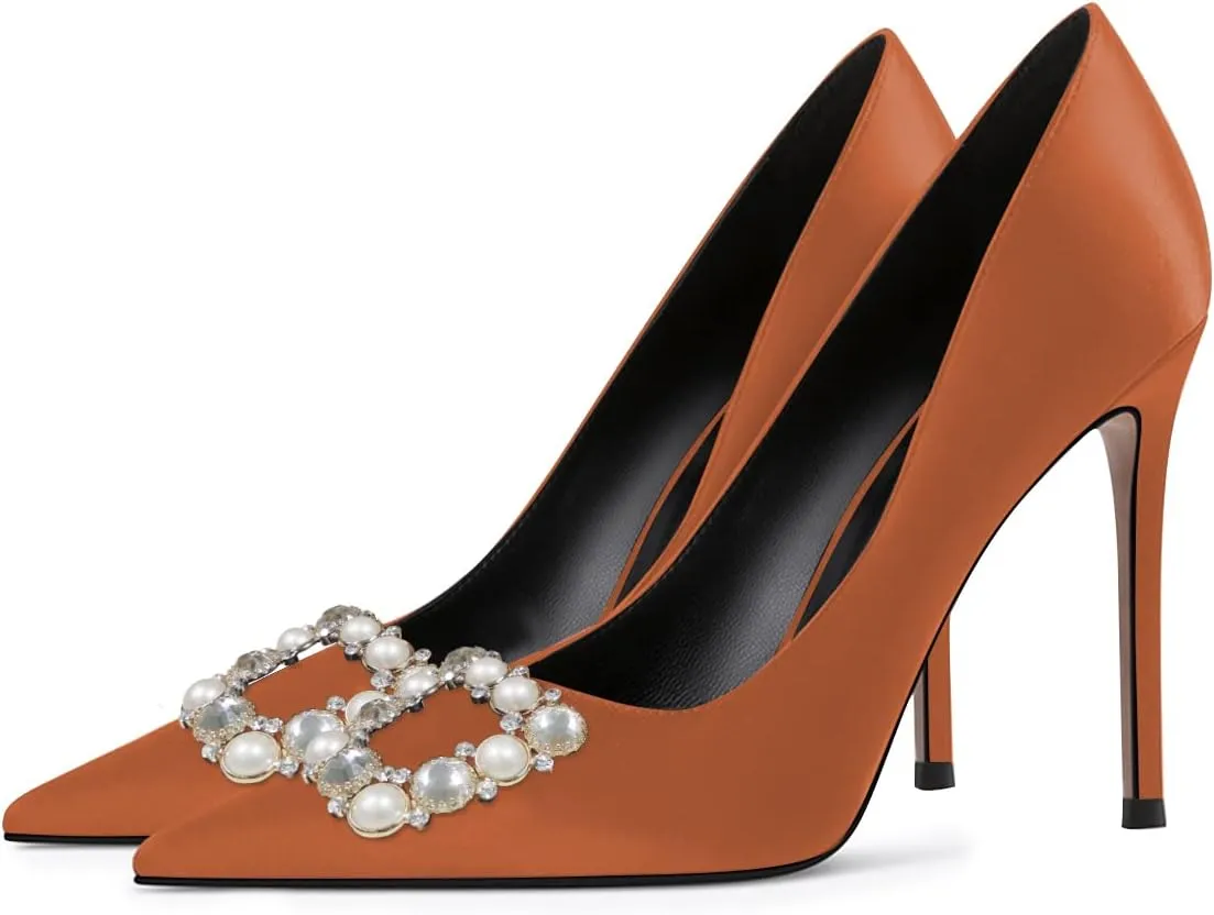 YDN Women Elegant Silk Pointed Toe Pumps Rhinestone Stain Stiletto High Heels Dance Prom Party Shoes Size 4-15 US