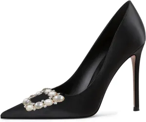 YDN Women Elegant Silk Pointed Toe Pumps Rhinestone Stain Stiletto High Heels Dance Prom Party Shoes Size 4-15 US