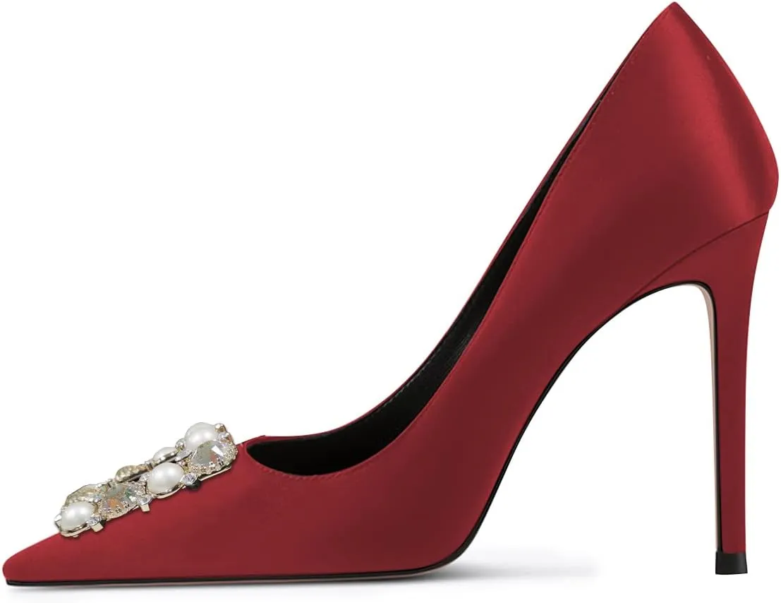 YDN Women Elegant Silk Pointed Toe Pumps Rhinestone Stain Stiletto High Heels Dance Prom Party Shoes Size 4-15 US