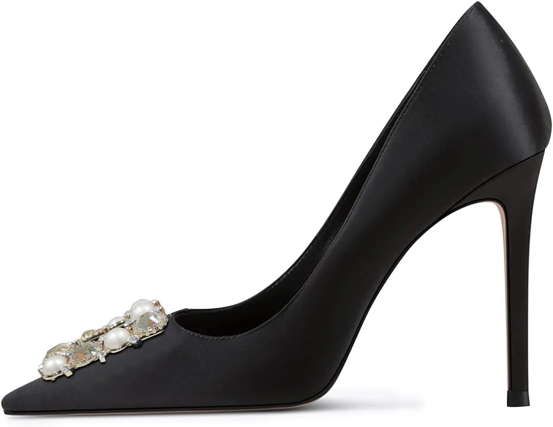 YDN Women Elegant Silk Pointed Toe Pumps Rhinestone Stain Stiletto High Heels Dance Prom Party Shoes Size 4-15 US