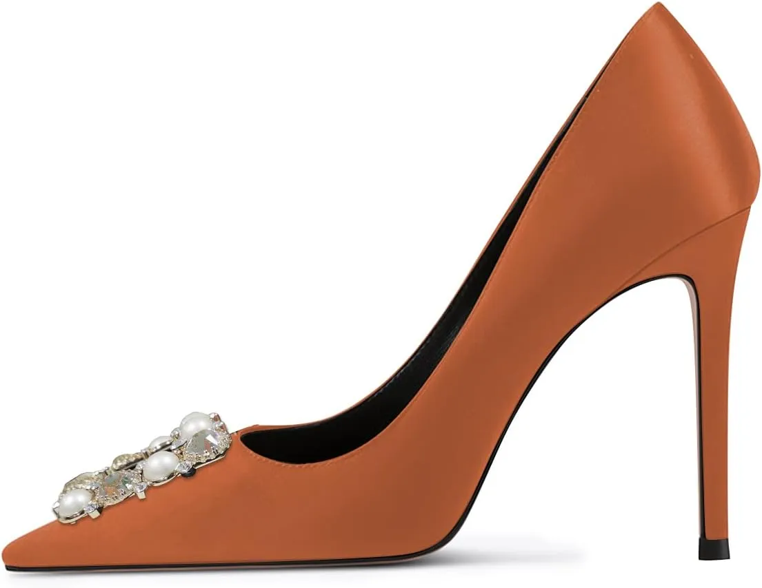 YDN Women Elegant Silk Pointed Toe Pumps Rhinestone Stain Stiletto High Heels Dance Prom Party Shoes Size 4-15 US