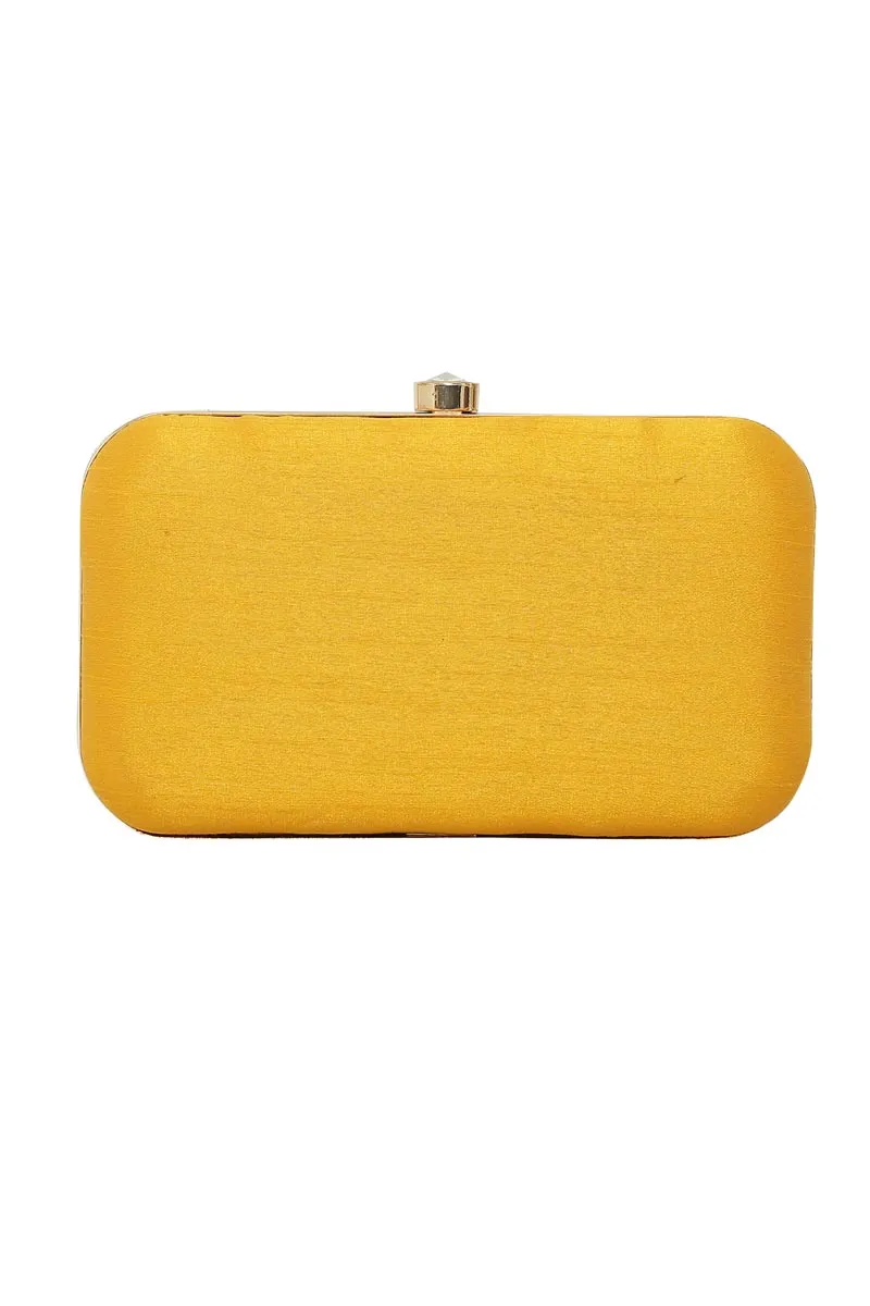 Yellow Art Silk Embroidered Embellished Box Clutch