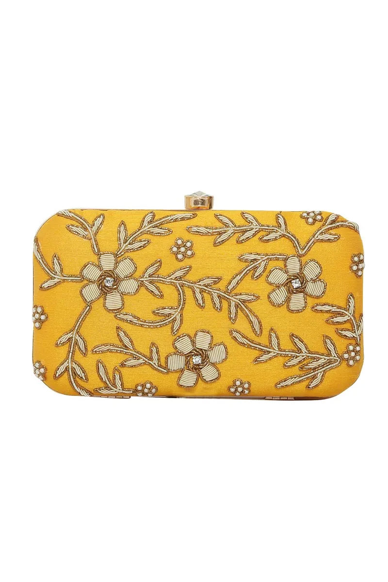 Yellow Art Silk Embroidered Embellished Box Clutch