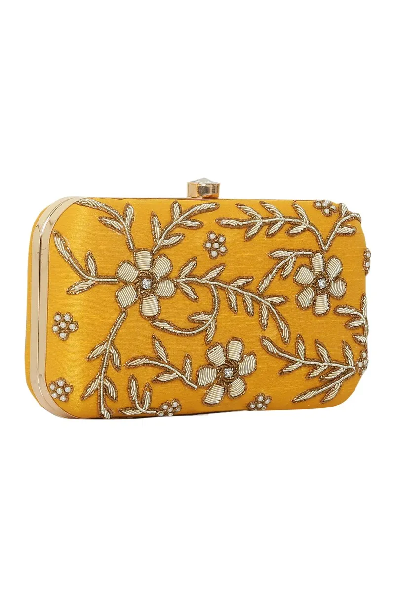 Yellow Art Silk Embroidered Embellished Box Clutch