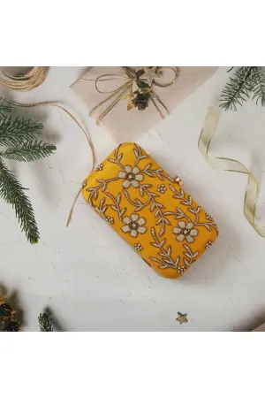Yellow Art Silk Embroidered Embellished Box Clutch