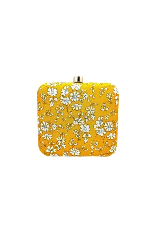 Yellow Embellished Printed Art Silk Box Clutch
