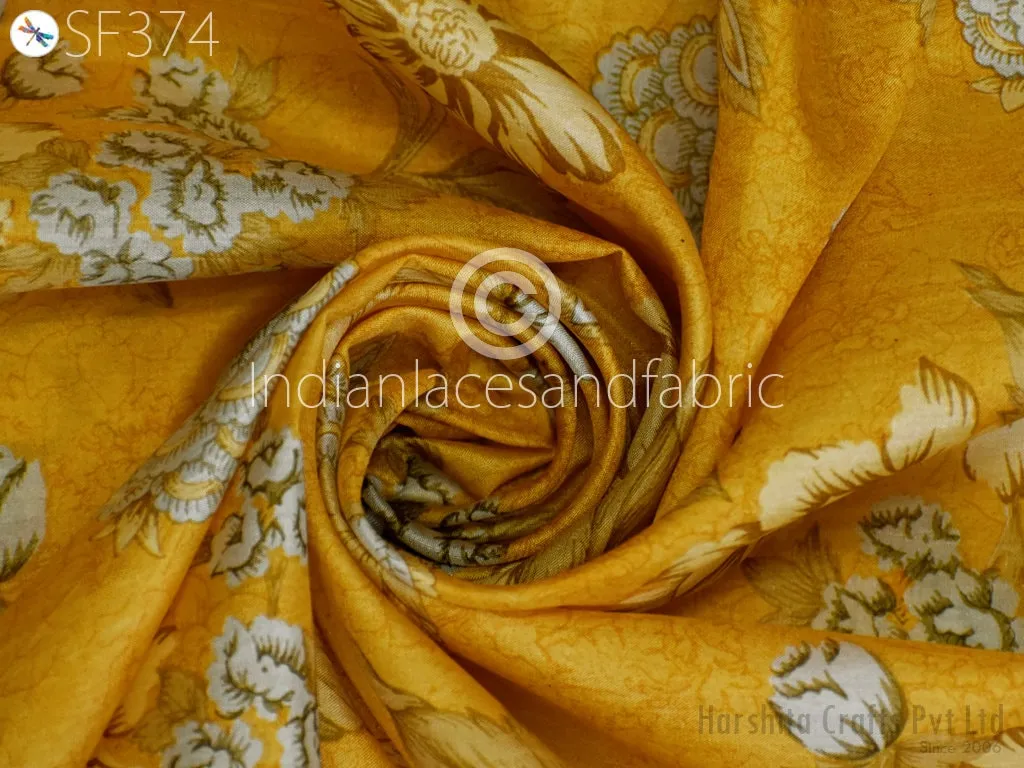 Yellow Indian Saree Soft Pure Printed Silk Fabric by the yard Wedding Dress Bridesmaid Party Costume Curtains Crafting Sewing Dupatta Scarf