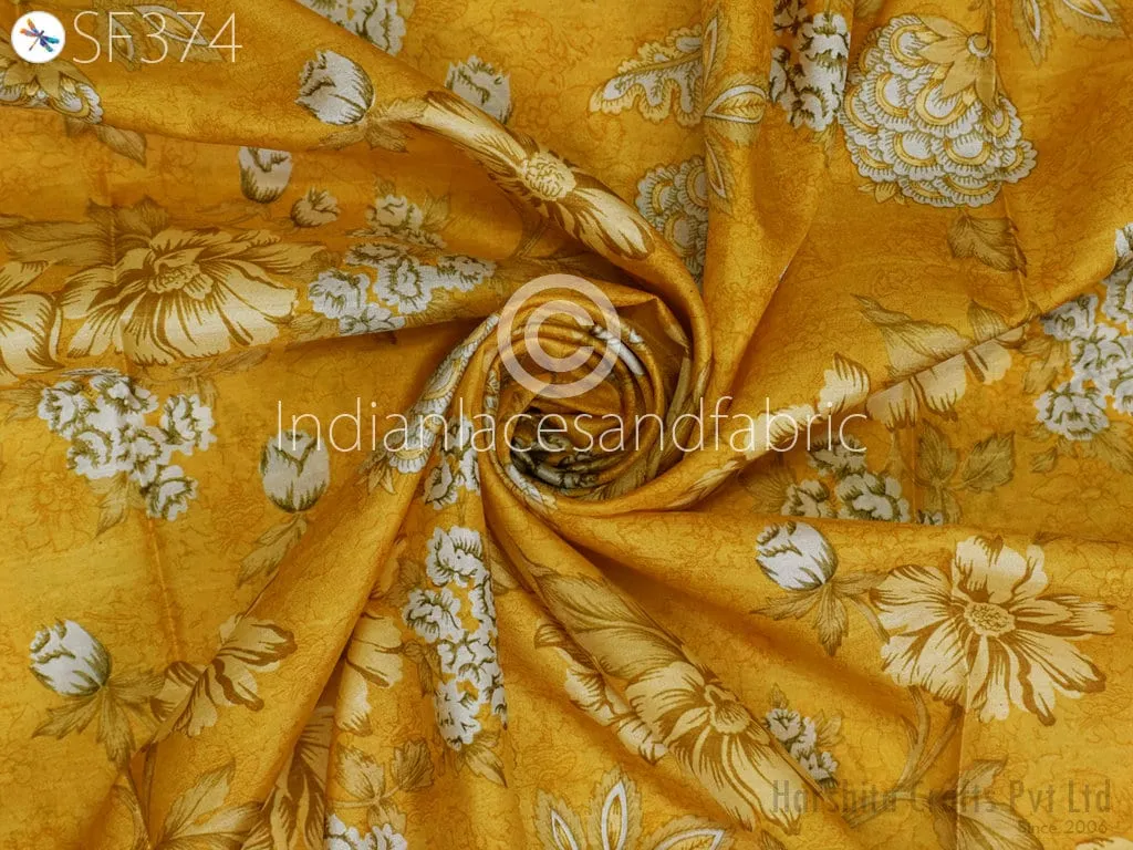 Yellow Indian Saree Soft Pure Printed Silk Fabric by the yard Wedding Dress Bridesmaid Party Costume Curtains Crafting Sewing Dupatta Scarf