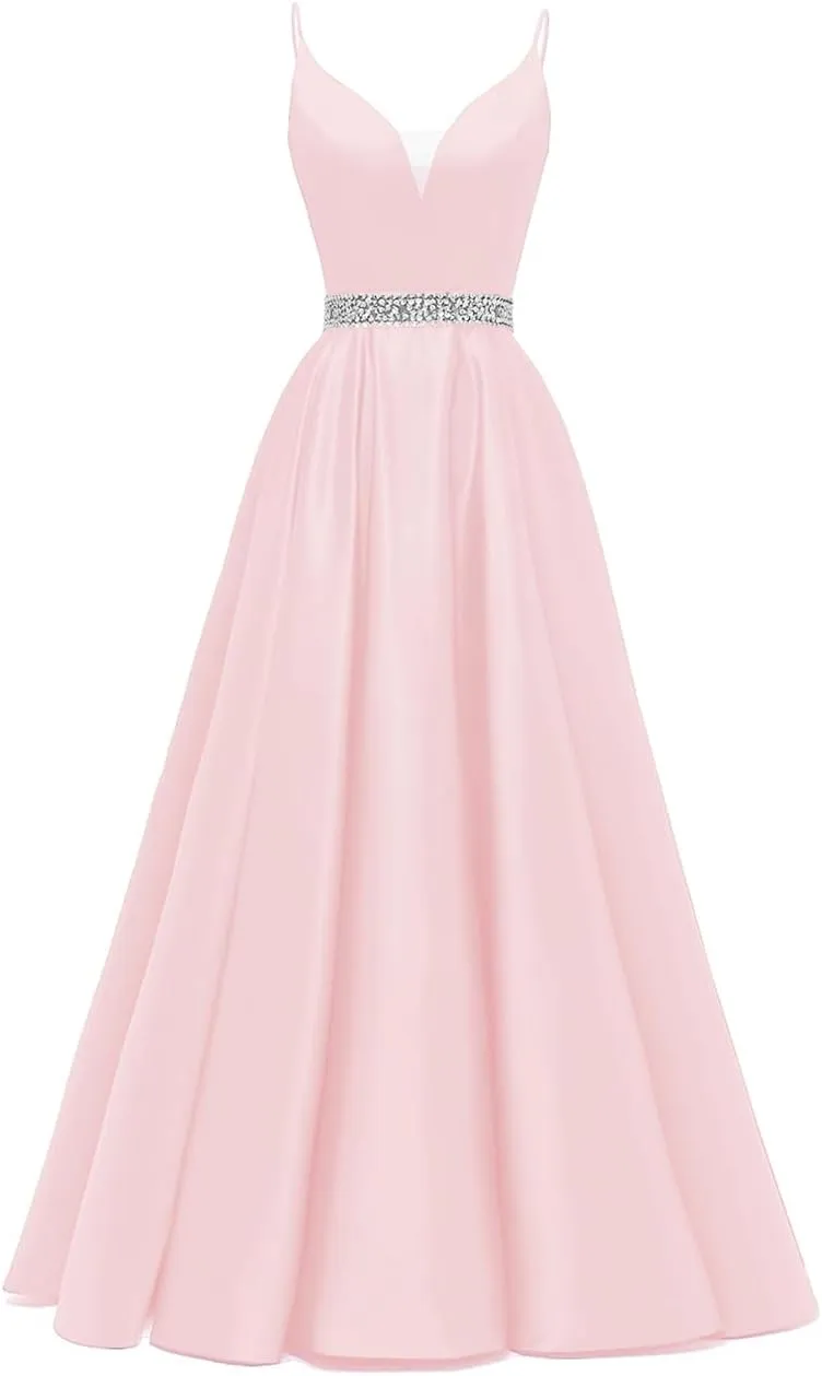 Yexinbridal Satin Prom Dresses Long for Women 2025 Spaghetti Straps Beaded V-Neck Formal Evening Party Gowns