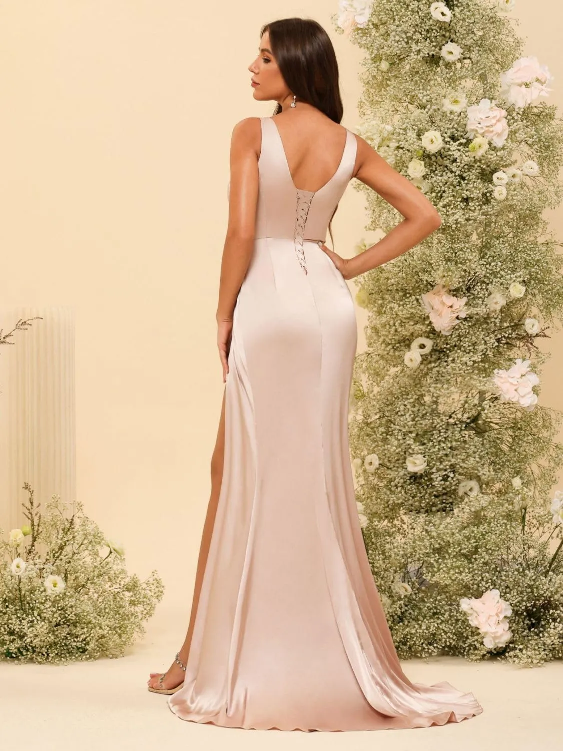 YMSHA Women's V Neck Bridesmaid Dresses with Slit Ruched Waist Satin Pleated Formal Party Dress YMS277