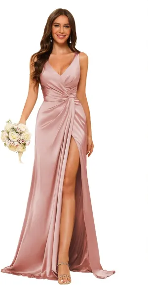 YMSHA Women's V Neck Bridesmaid Dresses with Slit Ruched Waist Satin Pleated Formal Party Dress YMS277